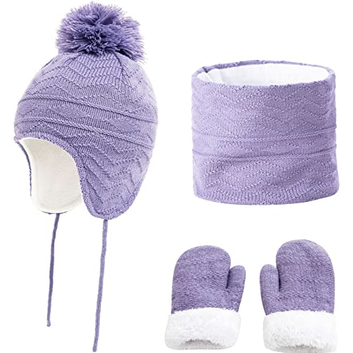 DURINM Mütze Schal Handschuhe Set für Mädchen und Jungen im Alter von 1–6 Jahren mit dickem Fleece gefütterten Beanie Mütze mit Bommeln Handschuhen Winter und Loop Schal Kinder (Violett, L) von DURINM