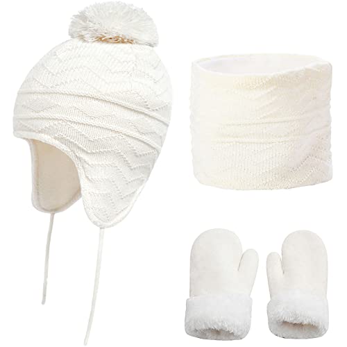 DURINM Mütze Schal Handschuhe Set für Mädchen und Jungen im Alter von 1–6 Jahren mit dickem Fleece gefütterten Beanie Mütze mit Bommeln Handschuhen Winter und Loop Schal Kinder (Weiß, S) von DURINM