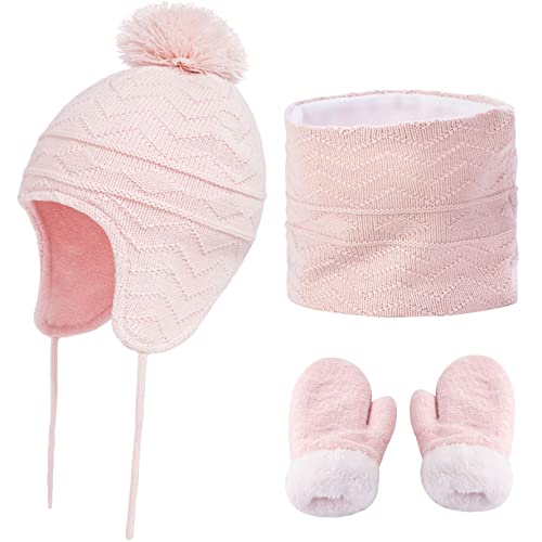 DURINM Mütze Schal Handschuhe Set für Mädchen und Jungen im Alter von 1–6 Jahren mit dickem Fleece gefütterten Beanie Mütze mit Bommeln Handschuhen Winter und Loop Schal Kinder (rosa, S) von DURINM