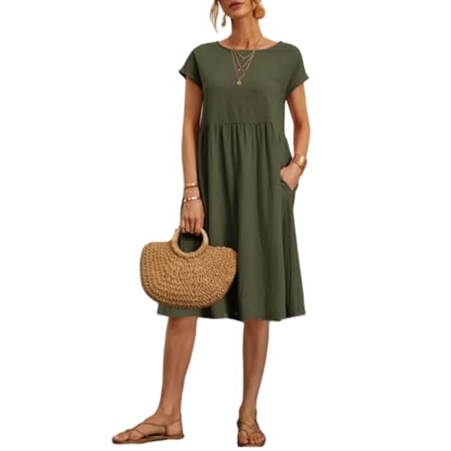 Damen Kleid Lässig Sommerkleid Leinen Halbarm Hemdkleid Elegant Sommer Casual Einfarbig Kurzes Kleid Midikleid Freizeitkleider Mode Dress von DURINM