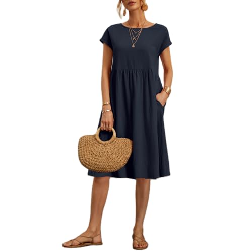 Damen Kleid Lässig Sommerkleid Leinen Halbarm Hemdkleid Elegant Sommer Casual Einfarbig Kurzes Kleid Midikleid Freizeitkleider Mode Dress von DURINM