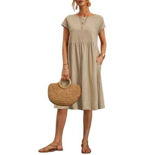 Damen Kleid Lässig Sommerkleid Leinen Halbarm Hemdkleid Elegant Sommer Casual Einfarbig Kurzes Kleid Midikleid Freizeitkleider Mode Dress von DURINM