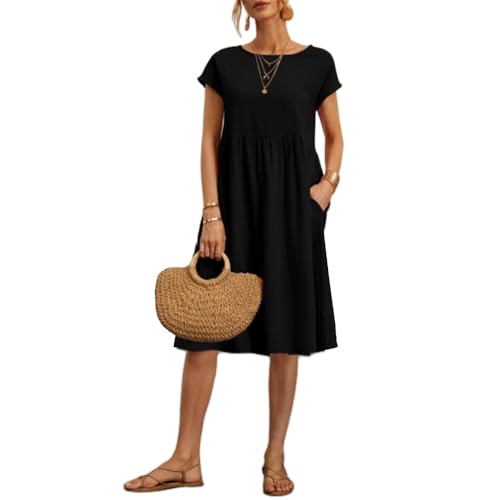 Damen Kleid Lässig Sommerkleid Leinen Halbarm Hemdkleid Elegant Sommer Casual Einfarbig Kurzes Kleid Midikleid Freizeitkleider Mode Dress von DURINM