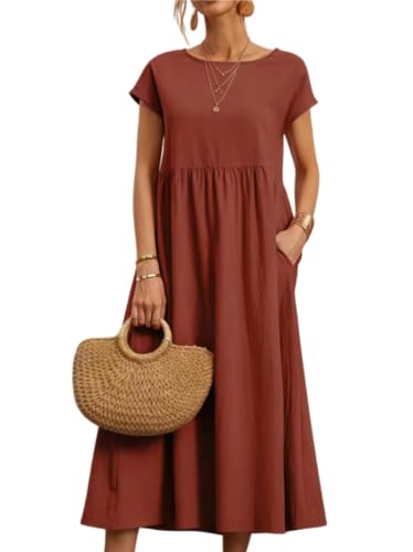 Sommerkleid Damen Kleider Sommer Casual Rundhalsausschnitt Kurzarm Freizeitkleid Blusenkleid Elegant Midikleid Casual Wickelkleid Strandkleid mit Taschen Elegant Knielang Bequem Herbstkleid Frühling von DURINM