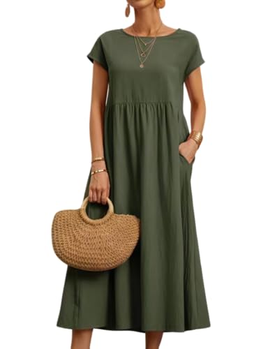 Sommerkleid Damen Kleider Sommer Casual Rundhalsausschnitt Kurzarm Freizeitkleid Blusenkleid Elegant Midikleid Casual Wickelkleid Strandkleid mit Taschen Elegant Knielang Bequem Herbstkleid Frühling von DURINM