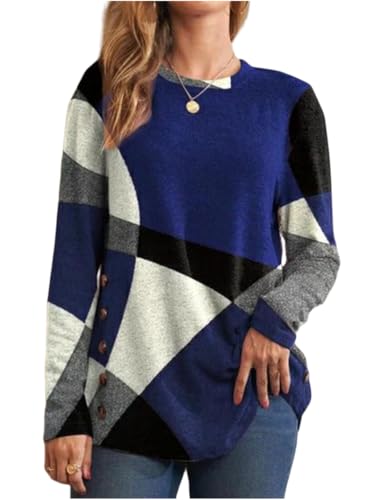 T-Shirt Damen Lässig Langarm Oberteile Rundhals Longshirt Pullover Damen Rundhalsausschnitt Locker Pulli Elegant Farbabstimmung Long Langarmshirt von DURINM
