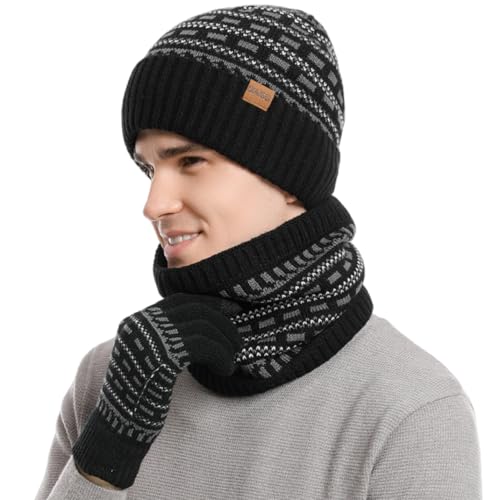 Winter Beanie Mütze Schal und Touchscreen Handschuhe Set Strick Thermo Set mit Kuscheligem Fleece Futter Slouchy Beanie für Herren Halswärmer Anti Rutsch Handschuhe mit Fleecefutter von DURINM