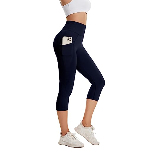 DUROFIT 3/4 Sport Leggings Damen Leggins mit Handytasche fur Sommer High Waist Capri Leggins 7/8 Yogahose Blickdicht Trainingshose Laufhose Gym Sporthose Marineblau L von DUROFIT