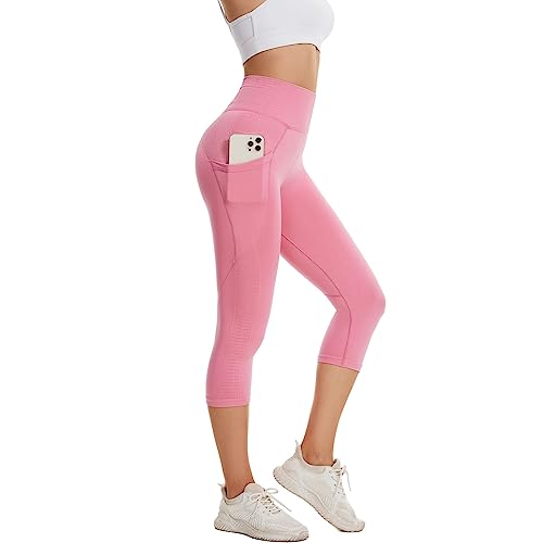 DUROFIT 3/4 Sport Leggings Damen Leggins mit Handytasche fur Sommer High Waist Capri Leggins 7/8 Yogahose Blickdicht Trainingshose Laufhose Gym Sporthose Rosa XL von DUROFIT