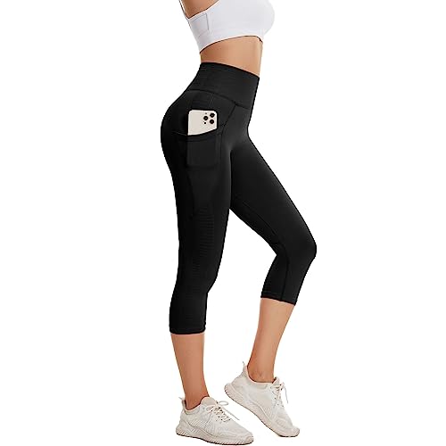 DUROFIT 3/4 Sport Leggings Damen Leggins mit Handytasche fur Sommer High Waist Capri Leggins 7/8 Yogahose Blickdicht Trainingshose Laufhose Gym Sporthose Schwarz XL von DUROFIT