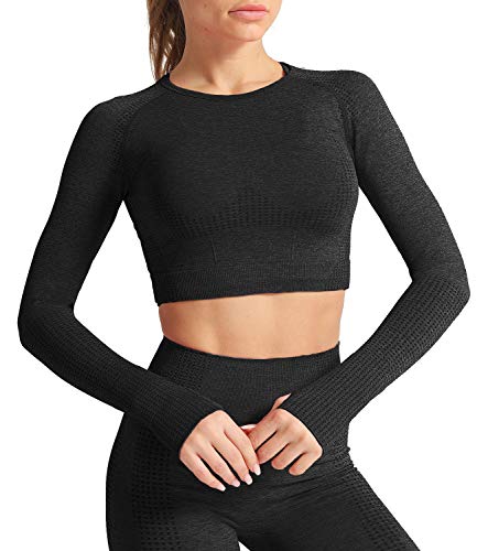 DUROFIT Damen Sport Crop Top Atmungsaktiv Yoga Tops Langarmshirt Fitness Shirt Laufshirt Sportshirt Langarm T-Shirt für Training Laufen Schwarz M von DUROFIT