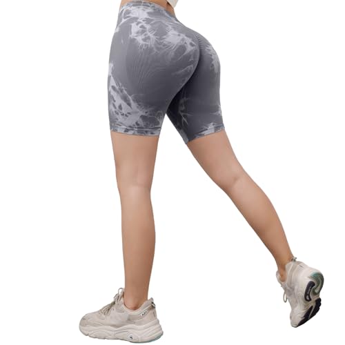 DUROFIT Damen Sports Shorts Po Push Up Leggings Short Tie Dye Booty Shorts Scrunch Butt Kurz Leggings Damen High Waist Kurze Sporthose Radlerhose Yogahose Grau L von DUROFIT