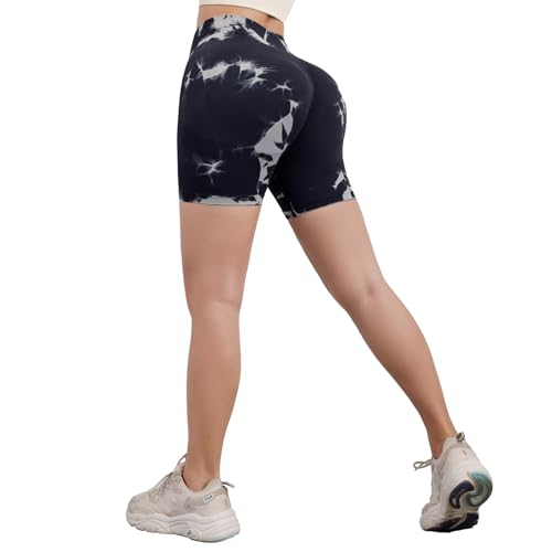 DUROFIT Damen Sports Shorts Po Push Up Leggings Short Tie Dye Booty Shorts Scrunch Butt Kurz Leggings Damen High Waist Kurze Sporthose Radlerhose Yogahose Schwarz M von DUROFIT