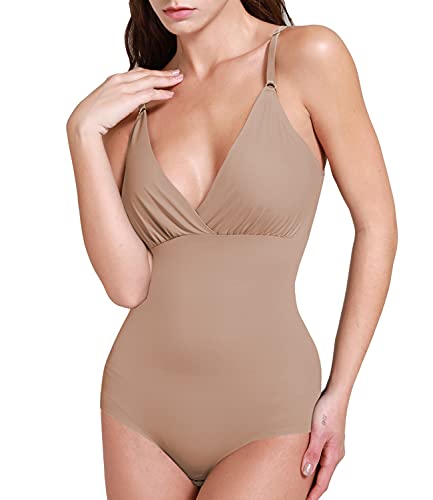 DUROFIT Miederbody Formender BH Body Shaping Body Shaper Bauchweg Stark Formend Formbody Figurformender Shapewear Damen Unterbrust Bodysuits Unterwäsche Nathlos Beige L von DUROFIT