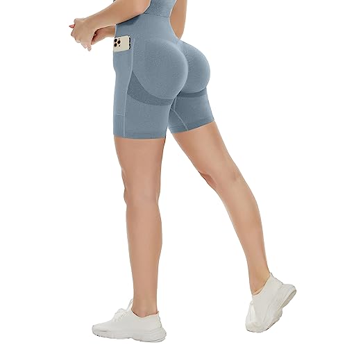 DUROFIT Damen Sports Shorts Mits Taschen Po Push Up Leggings Short Booty Shorts Scrunch Butt Kurz Leggings Damen High Waist Kurze Sporthose Radlerhose Yogahose Blau S von DUROFIT