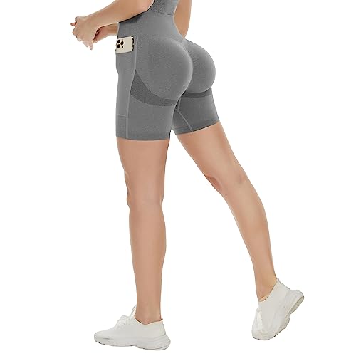 DUROFIT Damen Sports Shorts Mits Taschen Po Push Up Leggings Short Booty Shorts Scrunch Butt Kurz Leggings Damen High Waist Kurze Sporthose Radlerhose Yogahose Grau M von DUROFIT