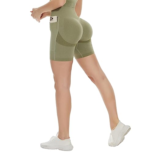 DUROFIT Damen Sports Shorts Mits Taschen Po Push Up Leggings Short Booty Shorts Scrunch Butt Kurz Leggings Damen High Waist Kurze Sporthose Radlerhose Yogahose Grün L von DUROFIT