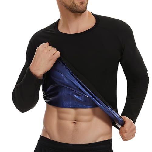 DUROFIT Sauna Shirt Herren Langarm Schweiß Weste Männer Sauna Hemd Body Shaper Workout Sport T-Shirt Laufshirt Funktionsshirt Nahtlos Oberteile Unterstützt Gewichtsverlust Schwarz L von DUROFIT