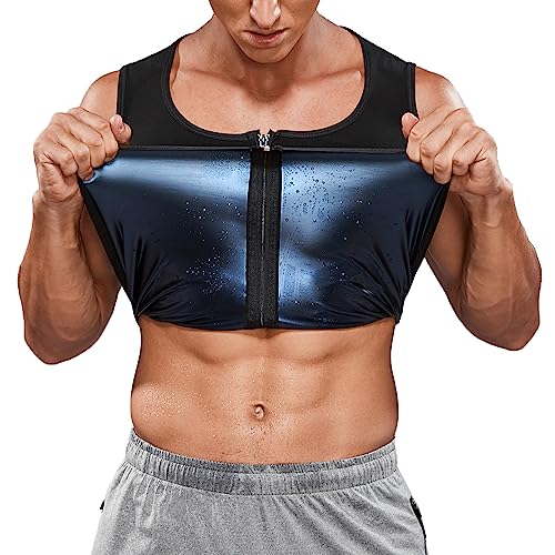 DUROFIT Sauna Weste Herren Bauchweggürtel Sauna Schweiß Shirt Zipper Schwitzweste Bauchweg Tank Top mit Reißverschluss Saunaweste Kompression Shirt Fitness Thermo Body Shaper Sauna Effekt Schwarz L von DUROFIT