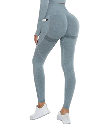 DUROFIT Scrunch Butt Leggings Damen High Waist Sport Leggings Mit Tasche Po Push Up Leggings with Pocket Booty Lift Leggins Gym Leggings Mit Handytasche Ruched Sporthose Blau L von DUROFIT