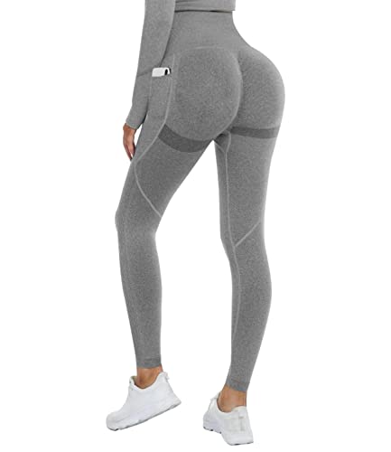 DUROFIT Scrunch Butt Leggings Damen High Waist Sport Leggings Mit Tasche Po Push Up Leggings with Pocket Booty Lift Leggins Gym Leggings Mit Handytasche Ruched Sporthose Grau L von DUROFIT