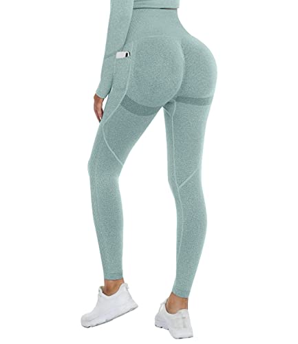 DUROFIT Scrunch Butt Leggings Damen High Waist Sport Leggings Mit Tasche Po Push Up Leggings with Pocket Booty Lift Leggins Gym Leggings Mit Handytasche Ruched Sporthose Grün L von DUROFIT