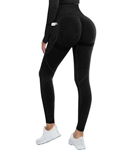 DUROFIT Scrunch Butt Leggings Damen High Waist Sport Leggings Mit Tasche Po Push Up Leggings with Pocket Booty Lift Leggins Gym Leggings Mit Handytasche Ruched Sporthose Schwarz L von DUROFIT