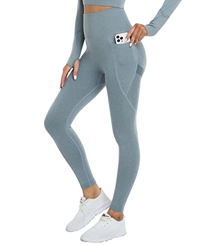 DUROFIT Scrunch Butt Leggings Damen High Waist Sport Leggings Mit Tasche Po Push Up Leggings with Pocket Booty Lift Leggins Gym Leggings Mit Handytasche Sporthose Blau L von DUROFIT