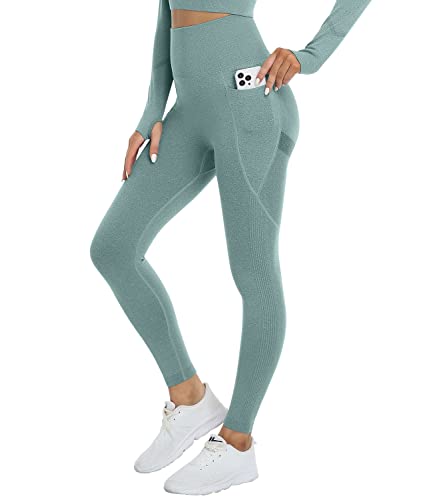 DUROFIT Scrunch Butt Leggings Damen High Waist Sport Leggings Mit Tasche Po Push Up Leggings with Pocket Booty Lift Leggins Gym Leggings Mit Handytasche Sporthose Grün L von DUROFIT