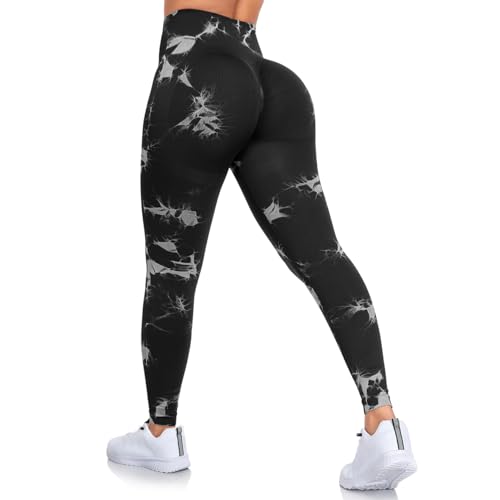 DUROFIT Scrunch Butt Leggings Damen Tie Dye High Waist Sport Leggings Po Push Up Leggings Booty Lift Leggins Gym Leggings Yoga Pants Ruched Sporthose Black M von DUROFIT