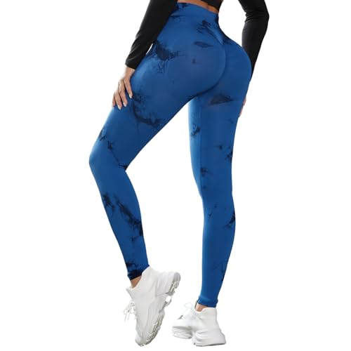 DUROFIT Scrunch Butt Leggings Damen Tie Dye High Waist Sport Leggings Po Push Up Leggings Booty Lift Leggins Gym Leggings Yoga Pants Ruched Sporthose Blue L von DUROFIT