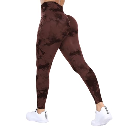 DUROFIT Scrunch Butt Leggings Damen Tie Dye High Waist Sport Leggings Po Push Up Leggings Booty Lift Leggins Gym Leggings Yoga Pants Ruched Sporthose Brown L von DUROFIT