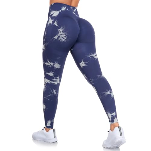 DUROFIT Scrunch Butt Leggings Damen Tie Dye High Waist Sport Leggings Po Push Up Leggings Booty Lift Leggins Gym Leggings Yoga Pants Ruched Sporthose Navy L von DUROFIT