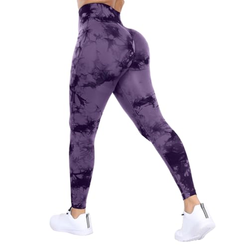 DUROFIT Damen Sport Leggings Scrunch Butt Po Push Up High Waist Yoga Pants Tie Dye Purple M von DUROFIT