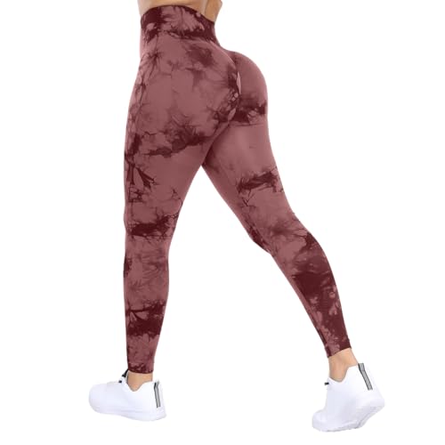 DUROFIT Scrunch Butt Leggings Damen Tie Dye High Waist Sport Leggings Po Push Up Leggings Booty Lift Leggins Gym Leggings Yoga Pants Ruched Sporthose Wine Red L von DUROFIT