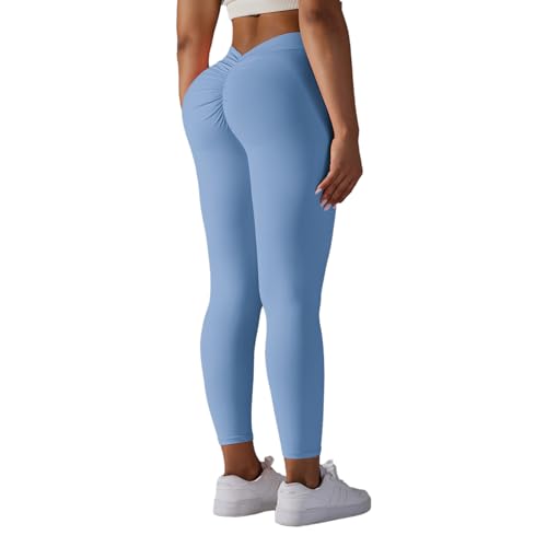 DUROFIT Scrunch Butt Leggings Damen V-Rücken High Waist Sport Leggings Po Push Up Leggings V Back Booty Lift Leggins Gym Leggings Yoga Pants Ruched Sporthose Blau L von DUROFIT