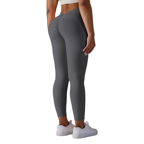 DUROFIT Scrunch Butt Leggings Damen V-Rücken High Waist Sport Leggings Po Push Up Leggings V Back Booty Lift Leggins Gym Leggings Yoga Pants Ruched Sporthose Grau L von DUROFIT