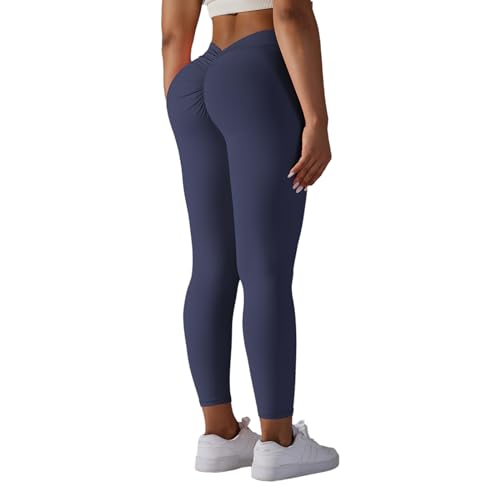 DUROFIT Scrunch Butt Leggings Damen V-Rücken High Waist Sport Leggings Po Push Up Leggings V Back Booty Lift Leggins Gym Leggings Yoga Pants Ruched Sporthose Marineblau L von DUROFIT