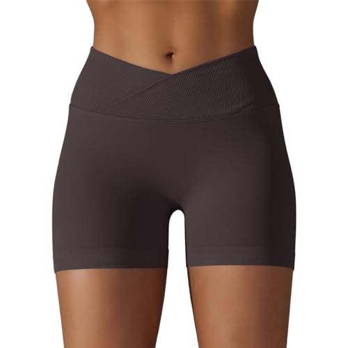 DUROFIT Sport Shorts Damen V Cross Sporthose High Waisted Booty Scrunch Butt Crossover Shorts Nahtlos Gym Shorts Leggings Kurze für Yoga Fitness Lauf Braun M von DUROFIT