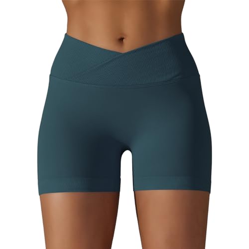 DUROFIT Sport Shorts Damen V Cross Sporthose High Waisted Booty Scrunch Butt Crossover Shorts Nahtlos Gym Shorts Leggings Kurze für Yoga Fitness Lauf Tiefgrün S von DUROFIT