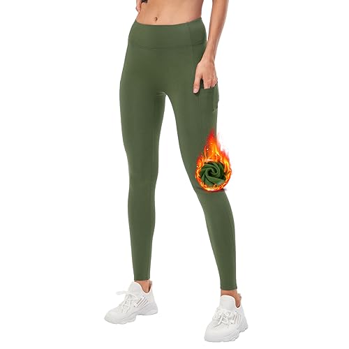 DUROFIT Thermo Leggings Damen mit Taschen Winter Warme Sport Leggins mit Fleece Gefüttert Thermische Laufhose Hohe Taille Yogahose für Outdoor Gym Wandern Grün L von DUROFIT