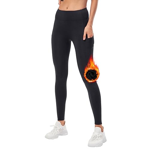 DUROFIT Thermo Leggings Damen mit Taschen Winter Warme Sport Leggins mit Fleece Gefüttert Thermische Laufhose Hohe Taille Yogahose für Outdoor Gym Wandern Schwarz L von DUROFIT