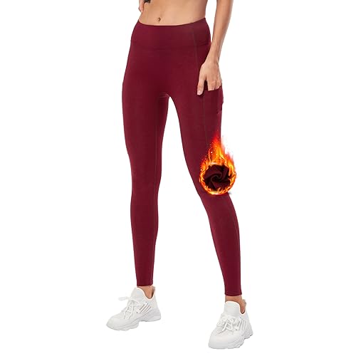 DUROFIT Thermo Leggings Damen mit Taschen Winter Warme Sport Leggins mit Fleece Gefüttert Thermische Laufhose Hohe Taille Yogahose für Outdoor Gym Wandern Weinrot 2XL von DUROFIT