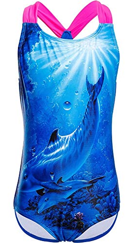 DUSISHIDAN Badeanzüge für große Mädchen, Einteiler Bikini Badeanzug,Blau mit Delphin,152-164 L(12) von DUSISHIDAN