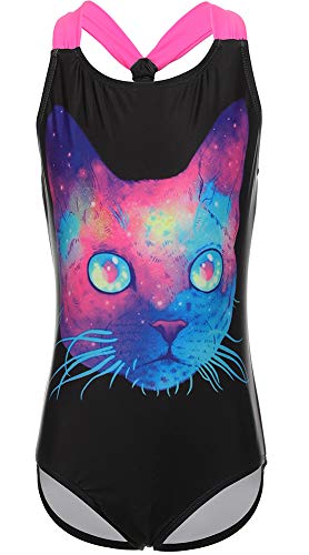 DUSISHIDAN Badeanzüge für große Mädchen, Einteiler Bikini Badeanzug,Schwarze Katze,152-164 L(12) von DUSISHIDAN