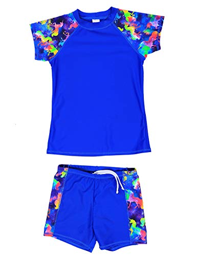 DUSISHIDAN Rash Guard Zweiteiliger Kinder Unisex Bademode Rashguard für Mädchen Jungen UV Schutz Badeanzug Kurze Ärmel und Hosen Blau von DUSISHIDAN