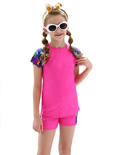 DUSISHIDAN Rash Guard Zweiteiliger Kinder Unisex Bademode Rashguard für Mädchen Jungen UV Schutz Badeanzug Kurze Ärmel und Hosen Rosa von DUSISHIDAN