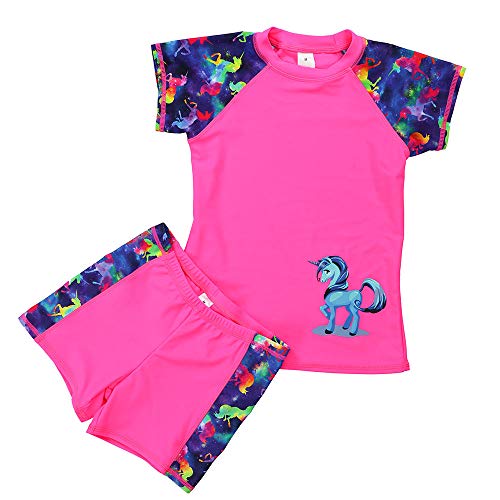 DUSISHIDAN Rashguard Kinder Jungen UV Schutz Unisex Badeanzug Zweiteiliger Kurze Ärmel und Hosen Einhorn-Stickerei Rosa von DUSISHIDAN