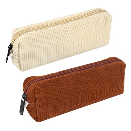DUTIFUL 2 Stück Mäppchen Cord-Stoff Federmäppchen Mädchen Mäppchen Teenager Schlampermäppchen Stiftemäppchen Cord Pencil Case Federtasche für Schule Büro(Braun, Weiß) von DUTIFUL