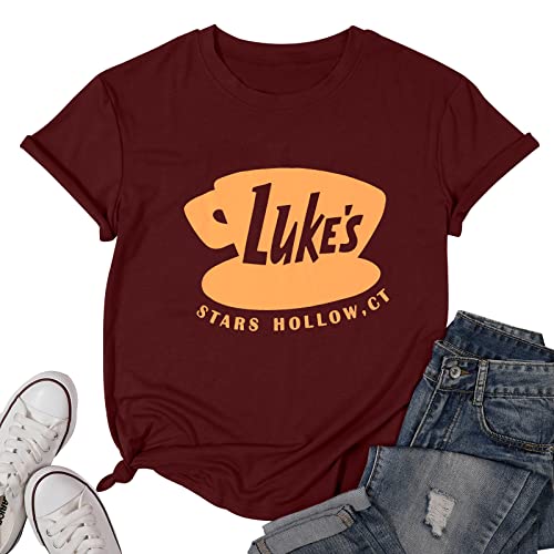 DUTUT Luke's Diner Shirt Frauen Gilmore Mädchen Vintage Luke's Coffee Logo Leichtes Gewicht Crew T-Shirt Sterne Hohl Tops, braun, XX-Large von DUTUT